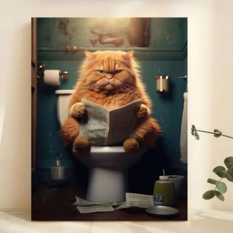 Boze kat die op de wc zit terwijl hij de krant leest