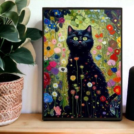 Zwarte kat en als achtergrong bloementuin van Gustav Klimt